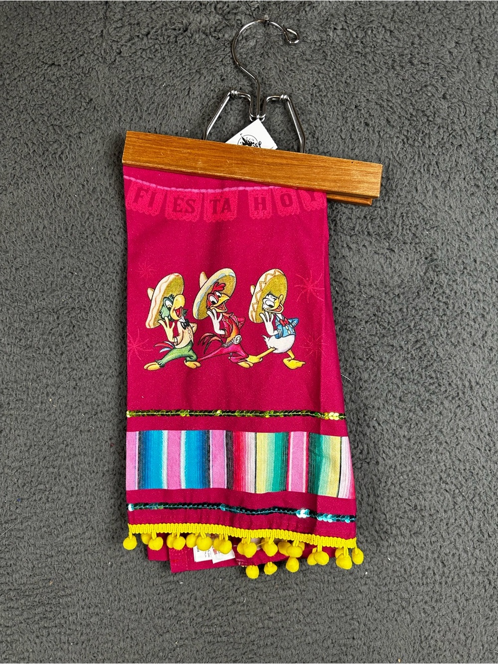 Disney Parks Three Caballeros Fiesta Hoy Kitchen Towel Pink Pom Pom Sequin Trim